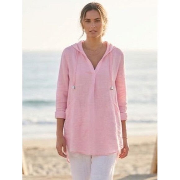 For Cynthia Tops - Forcynthia Beachwear Pastel Pink Linen Hooded Tunic Beach Coverup Size L